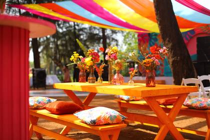 Tablescape and Ceiling — Mehendi decor — ITC Grand Goa